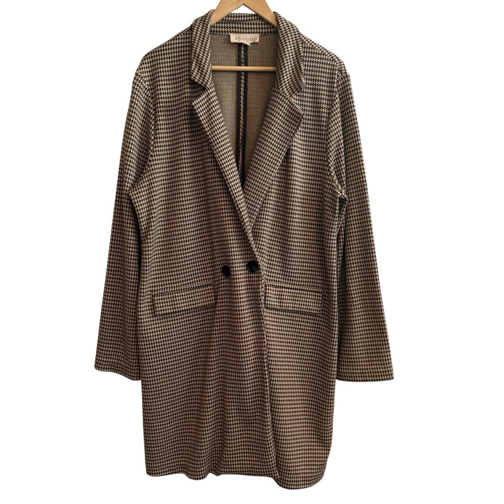PHILOSOPHY Brown Houndstooth Multi Button Stretch Long Coat w/ Pockets XL #352